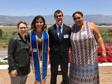 McNair Scholars Victoria Melgarejo (Language, Culture, & Society and Spanish) and Steven Castro (Linguistics), with Linguistics faculty members Mary Bucholtz and Anne Charity Hudley