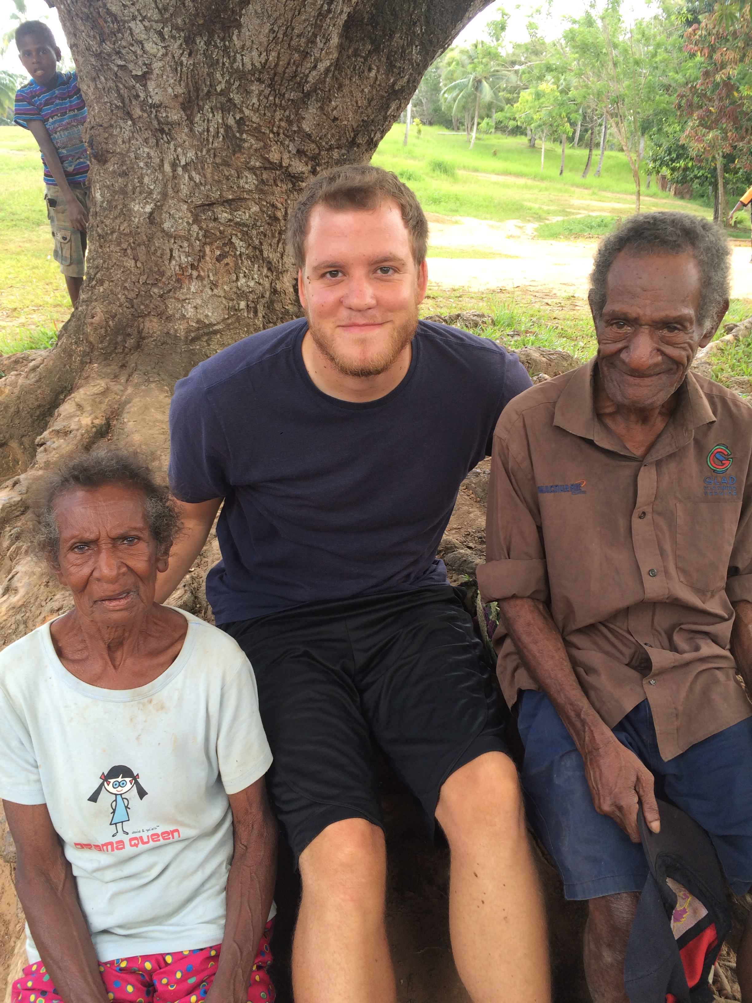 Graduate student Phillip Rogers with Abom speakers Papir Tapoka and Wasari Samane in Tapila Village, Western Province, PNG